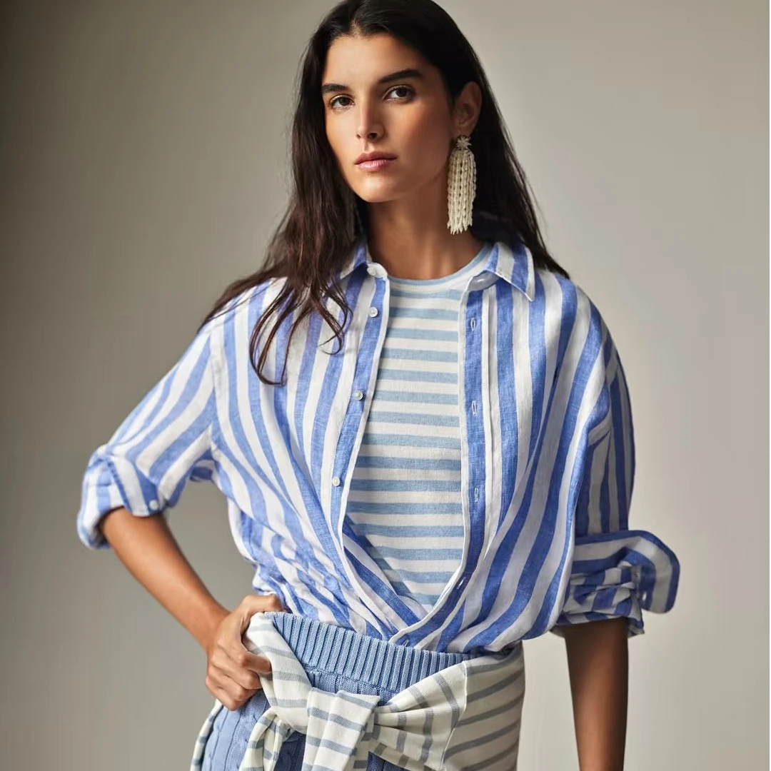 小马经典竹节棉100棉竖条纹长袖衬衫女