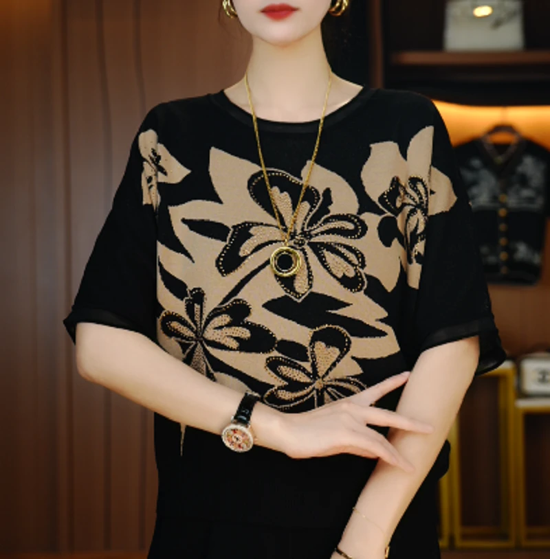 诺诗 夏季针织短袖上衣舒适透气轻奢气质印花V25Q385