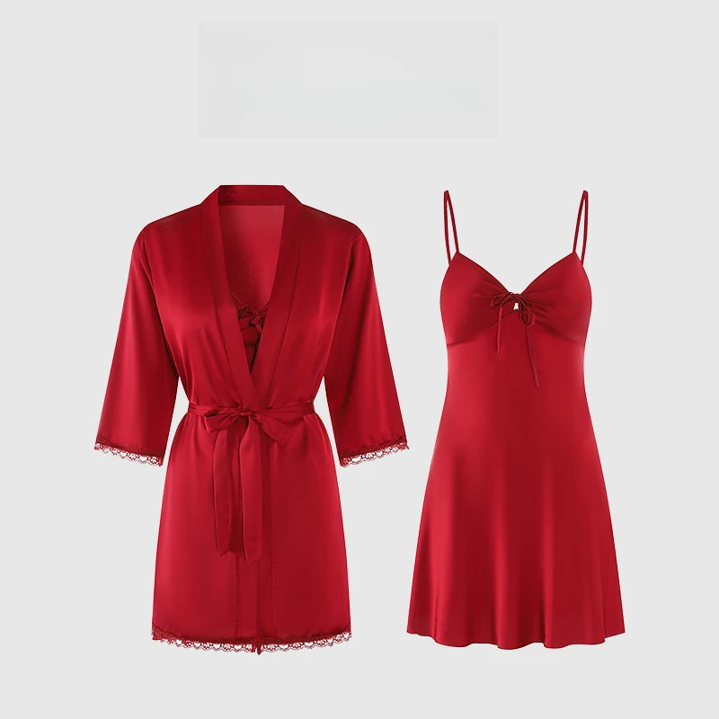 吉伦略索高端本命年红色性感睡衣女带胸罩吊带睡裙开襟晨袍家居服