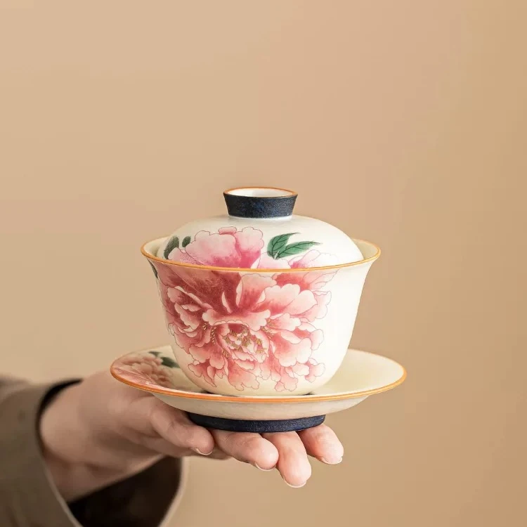 中式手工盖碗岩矿白陶瓷盖碗简约三才茶盖碗描金牡丹花高档茶具