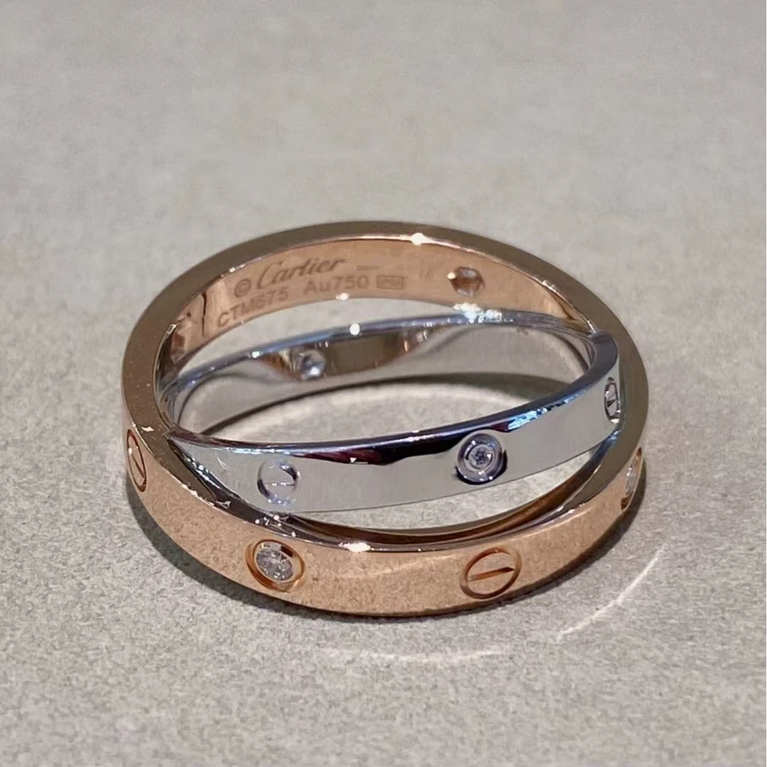95新 Cartier/卡地亚 【念念】 LOVE 18K金 双环六钻戒指 50