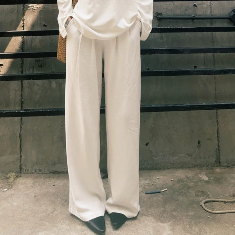 （莎拉单裤子）老钱风白色亚麻秋休闲慵懒松弛防晒衬衫阔腿裤T2221