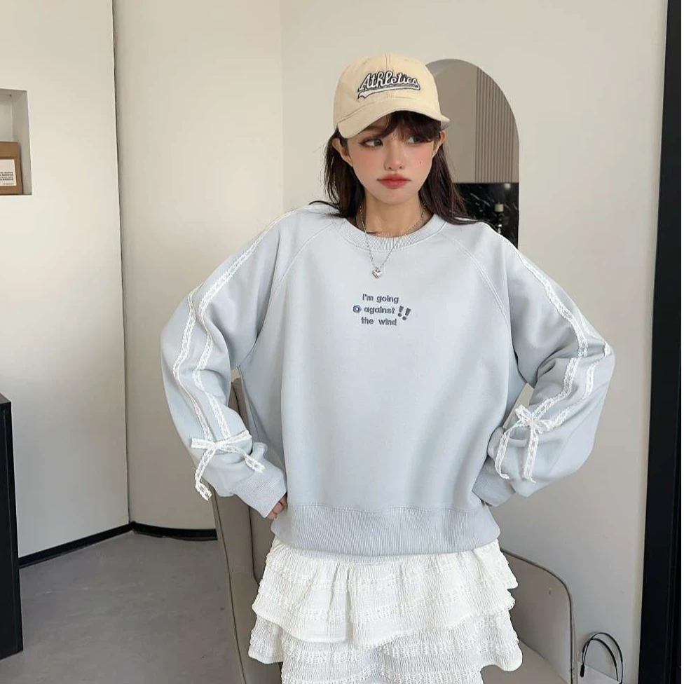 25春款【蕾丝拉条字母刺绣】短款时尚百搭卫衣