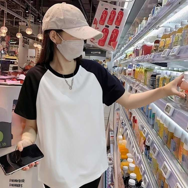 韩版插肩撞色短袖t恤女2025夏季新款宽松休闲显瘦正肩圆领上衣ins