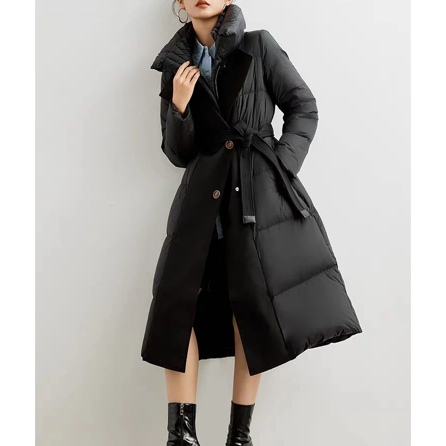 Y521 时尚洋气拼接双层领收腰显瘦保暖高端气质百搭中长款羽绒服