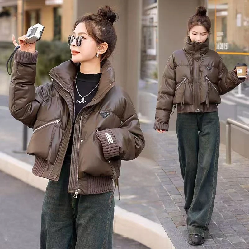 免洗耐脏pu皮设计感短款小个子棉服外套女宽松百搭洋气面包服皮衣