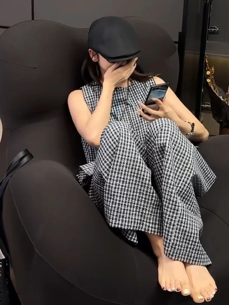 2025超火夏装一整套轻奢高级炸街减龄洋气时尚格子无袖衬衫套装裤