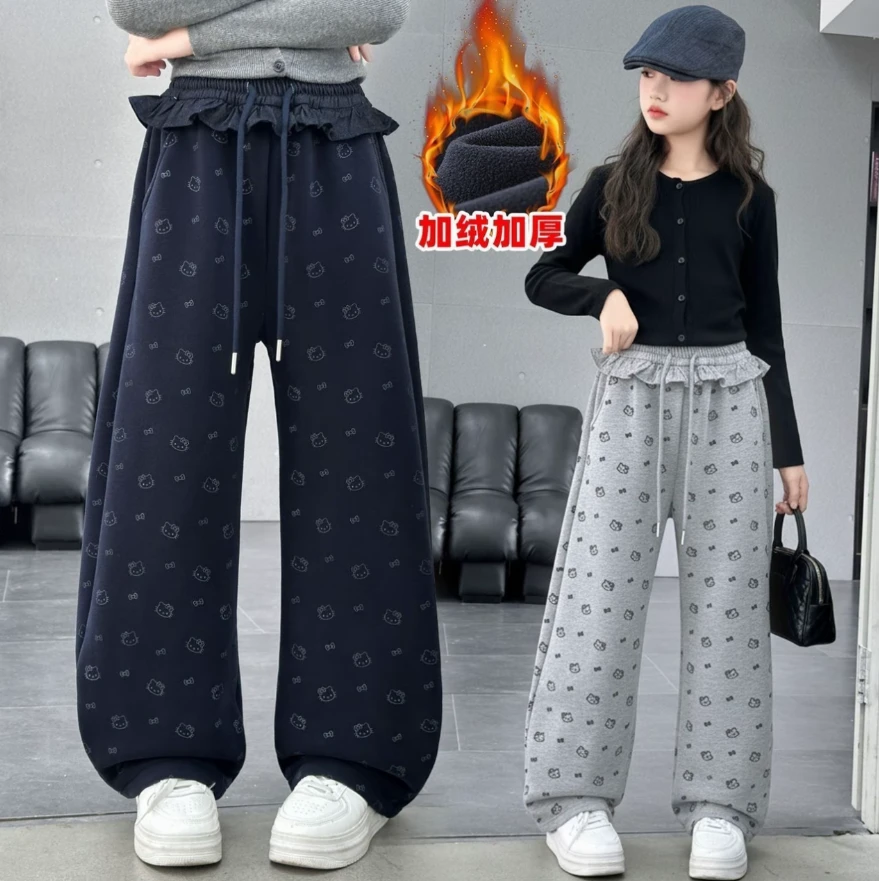 女童冬季加绒休闲裤洋气印花女宝宝卡通加绒保暖长裤