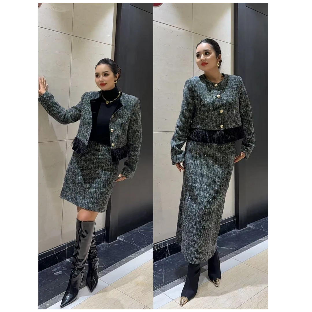 新款加棉加厚小香风法式气质名媛外套半身裙两件套