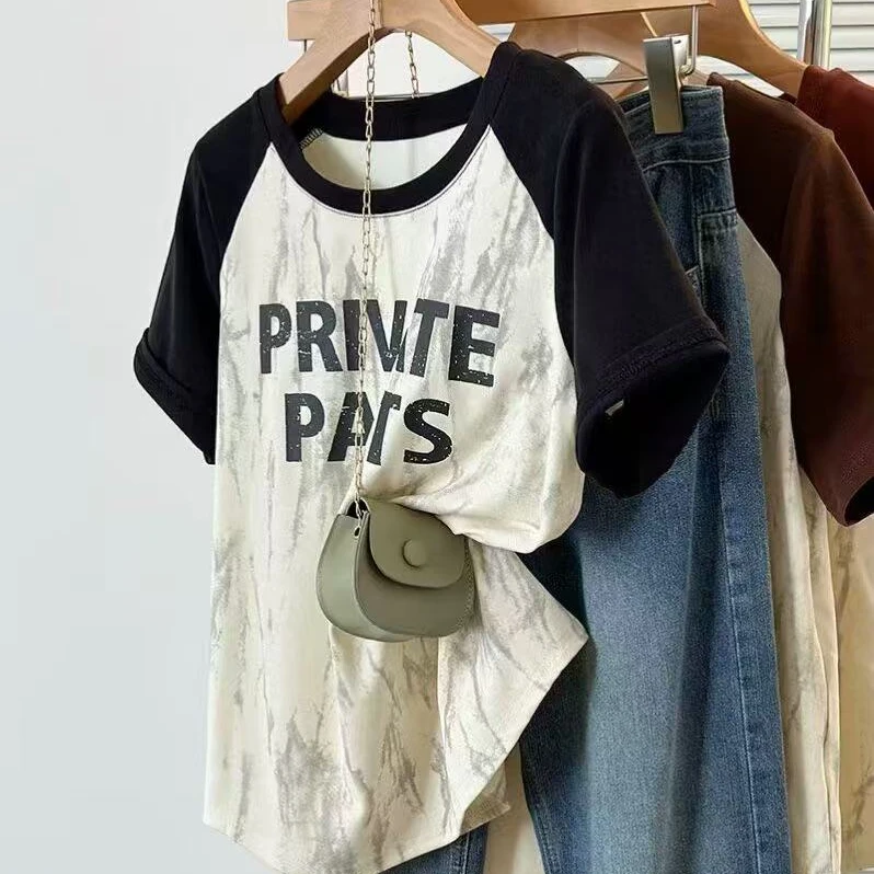 大码新款拼接印花扎染短袖T恤2848（120-200斤）