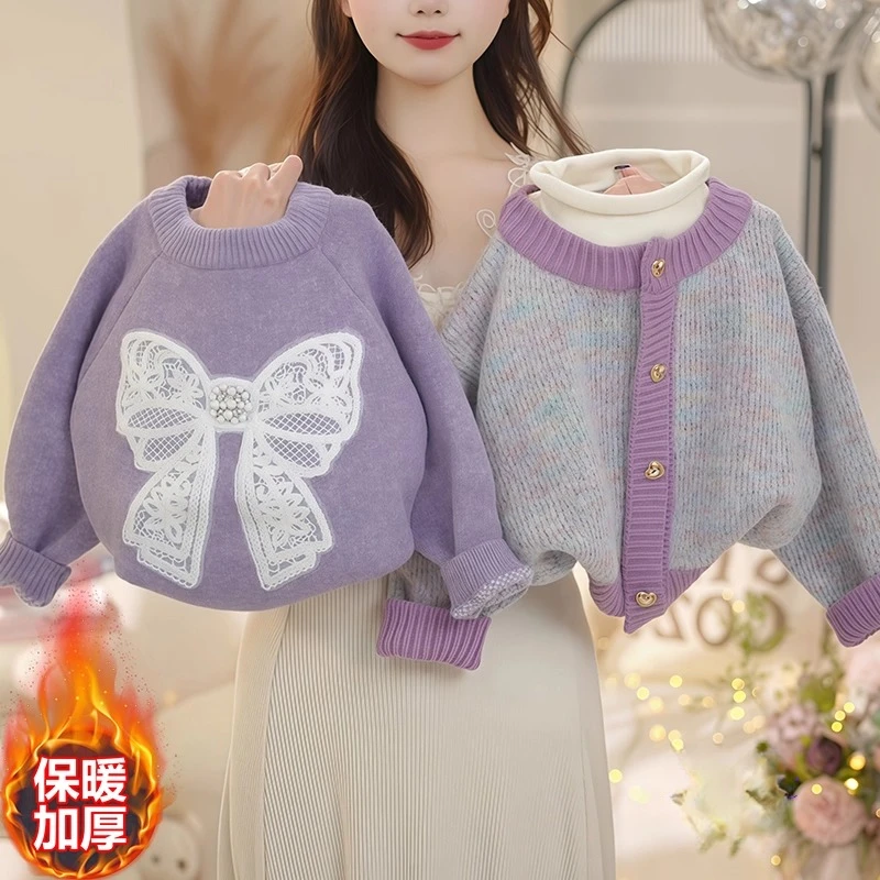 女童假两件加厚毛衣2025新款秋冬款蝴蝶结针织衫堆堆半高领打底衫