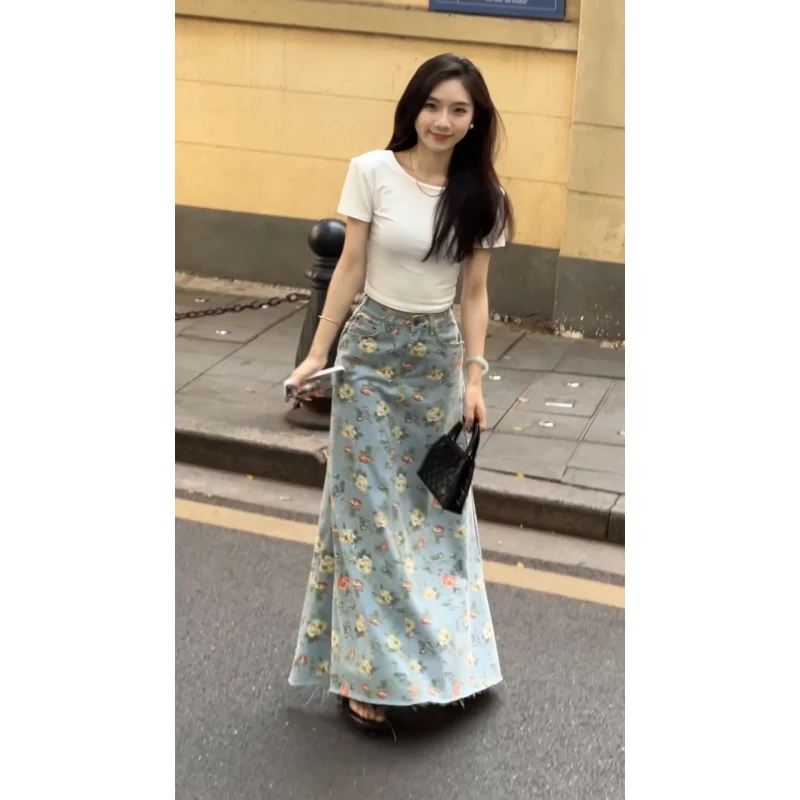 MARIE.COCO春夏出游穿搭套装修身上衣百搭高腰印花牛仔半裙两件套