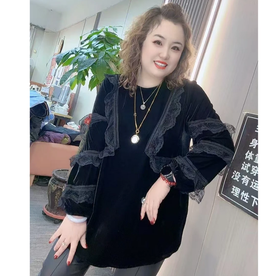 9021（丹姐家）蕾丝拼接丝绒小衫圆领显瘦遮肉中长款上衣