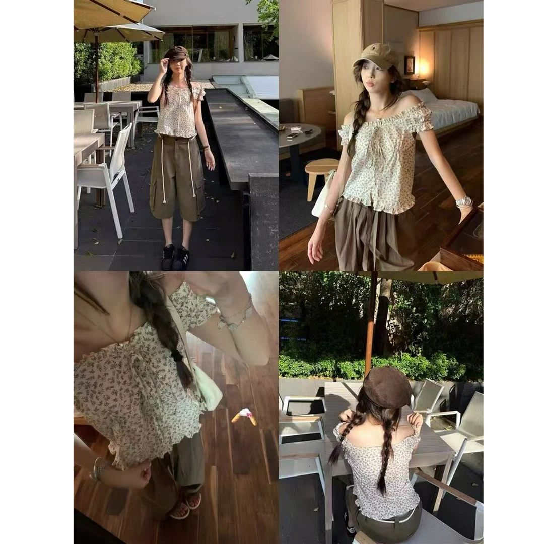 韩系时髦时尚B.M风甜美显瘦泡泡袖短袖小碎花花边上衣61789