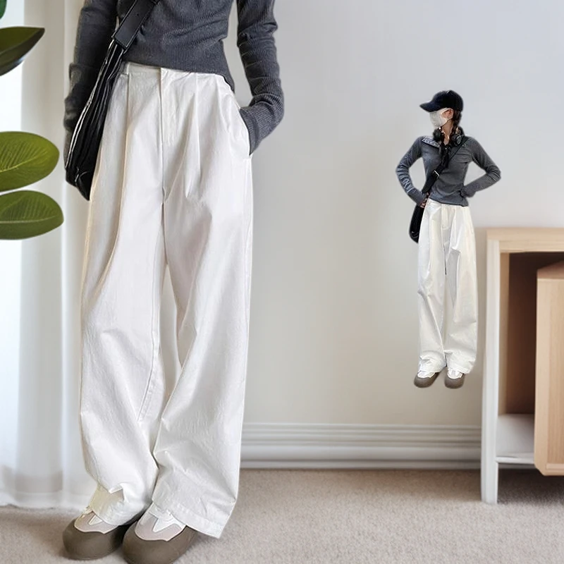 白色阔腿裤子女款百搭2025新款宽松直筒裤小个子高腰显瘦拖地裤