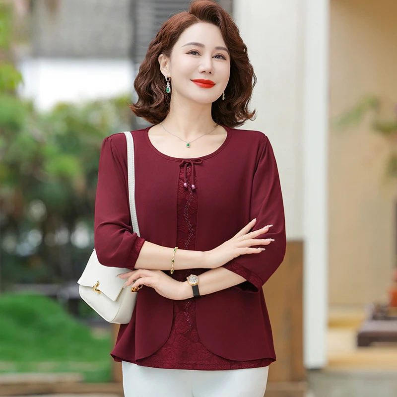 妈妈喜服婚宴小衫套装洋气中老年春装七分袖上衣喜婆婆结婚礼服女