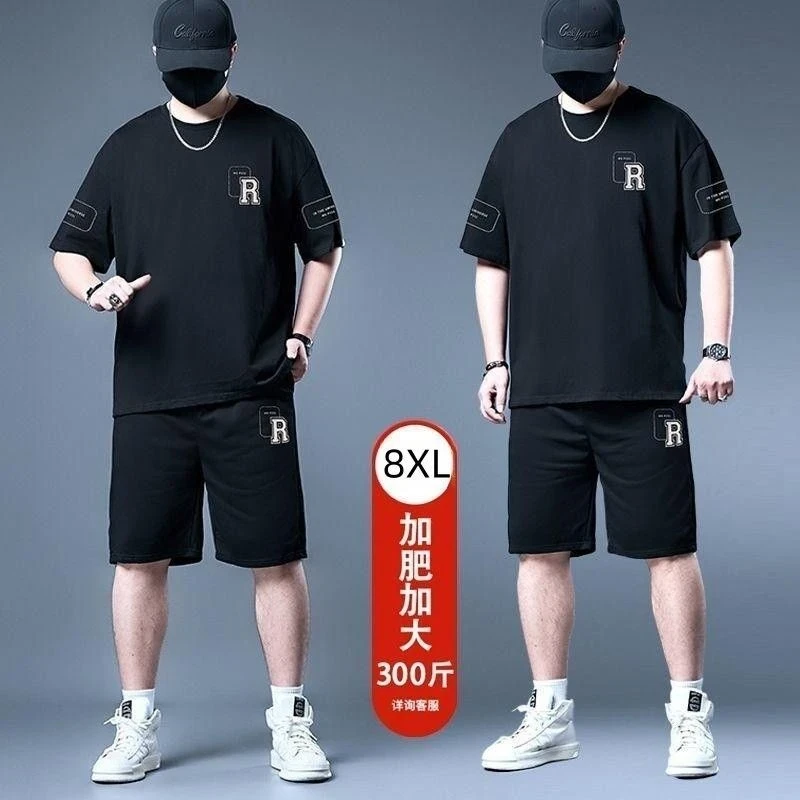 大码套装春夏百搭字母短袖休闲宽松短裤运动套装圆领运动加肥加大