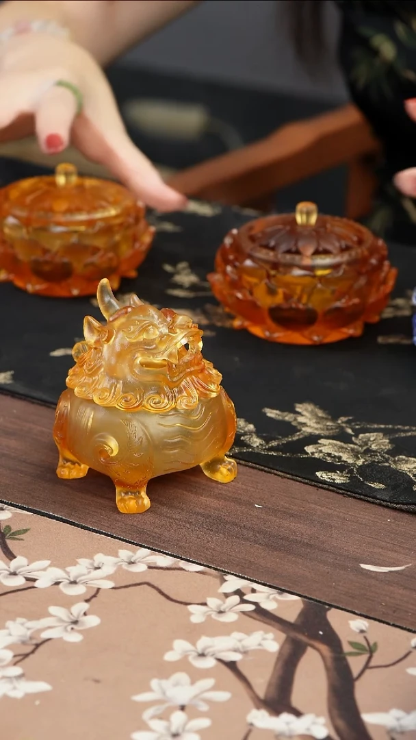 琉璃手工艺品黄色狻猊香炉小号