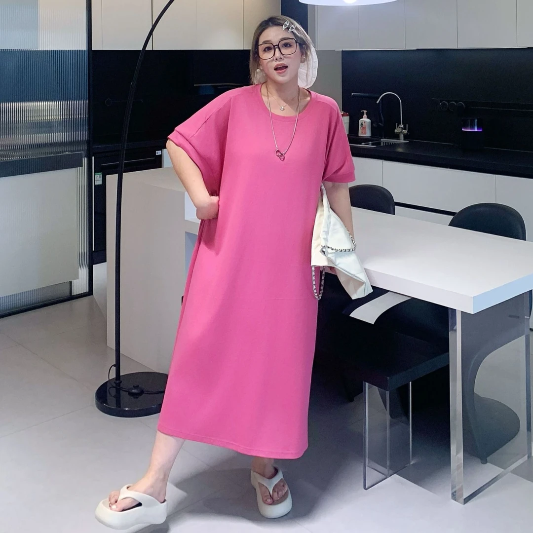 媛子大码夏季蝙蝠袖慵懒风连衣裙新款时尚洋气简约宽松百搭女装