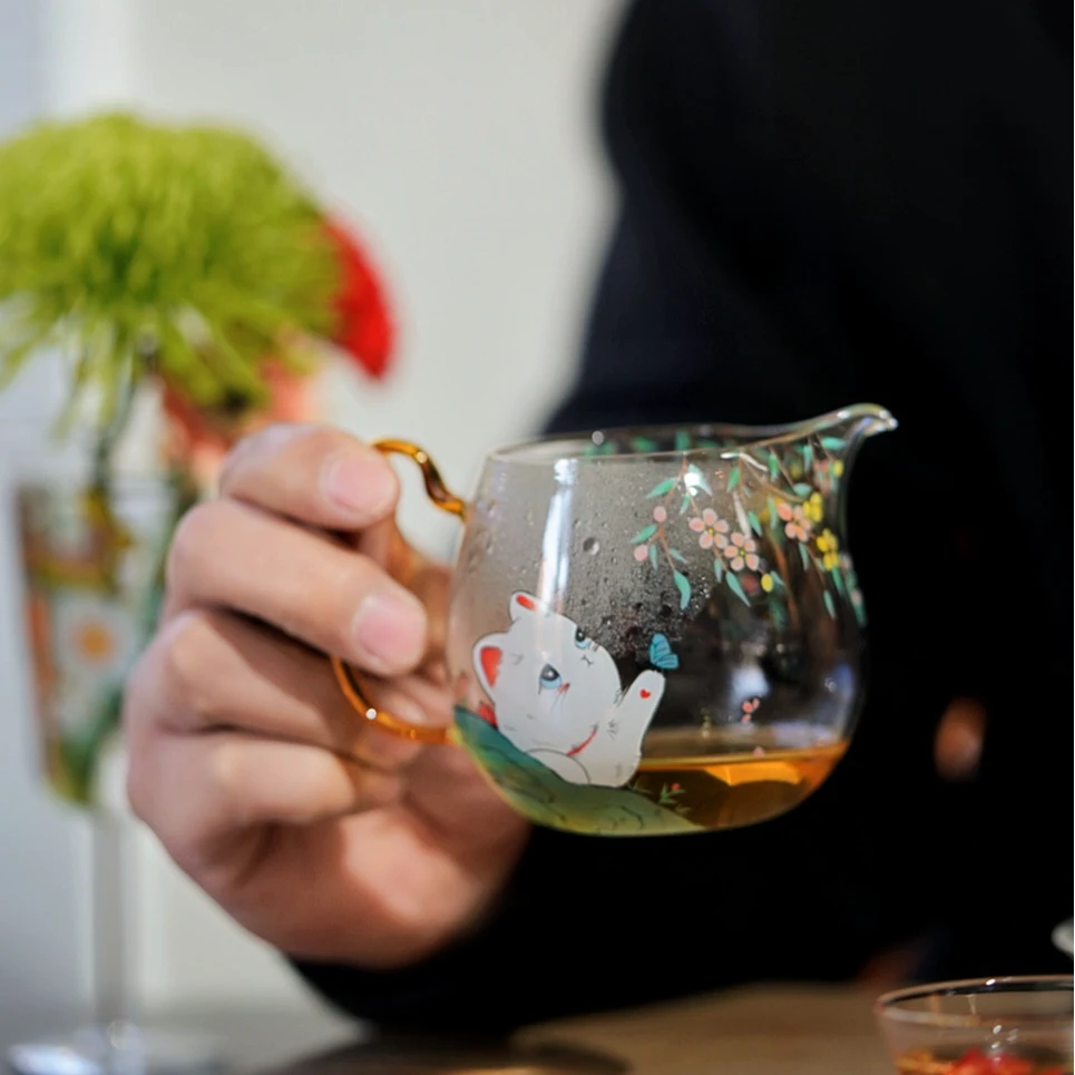 物肆-山石猫猫公道杯 容量300ML 景德镇手绘高硼硅玻璃猫咪公道杯