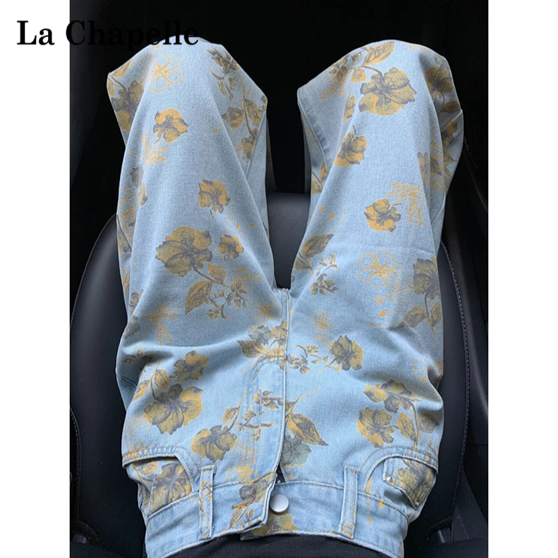 拉夏贝尔蓝色印花阔腿牛仔裤秋季女款2025爆款时尚洋气休闲直筒裤