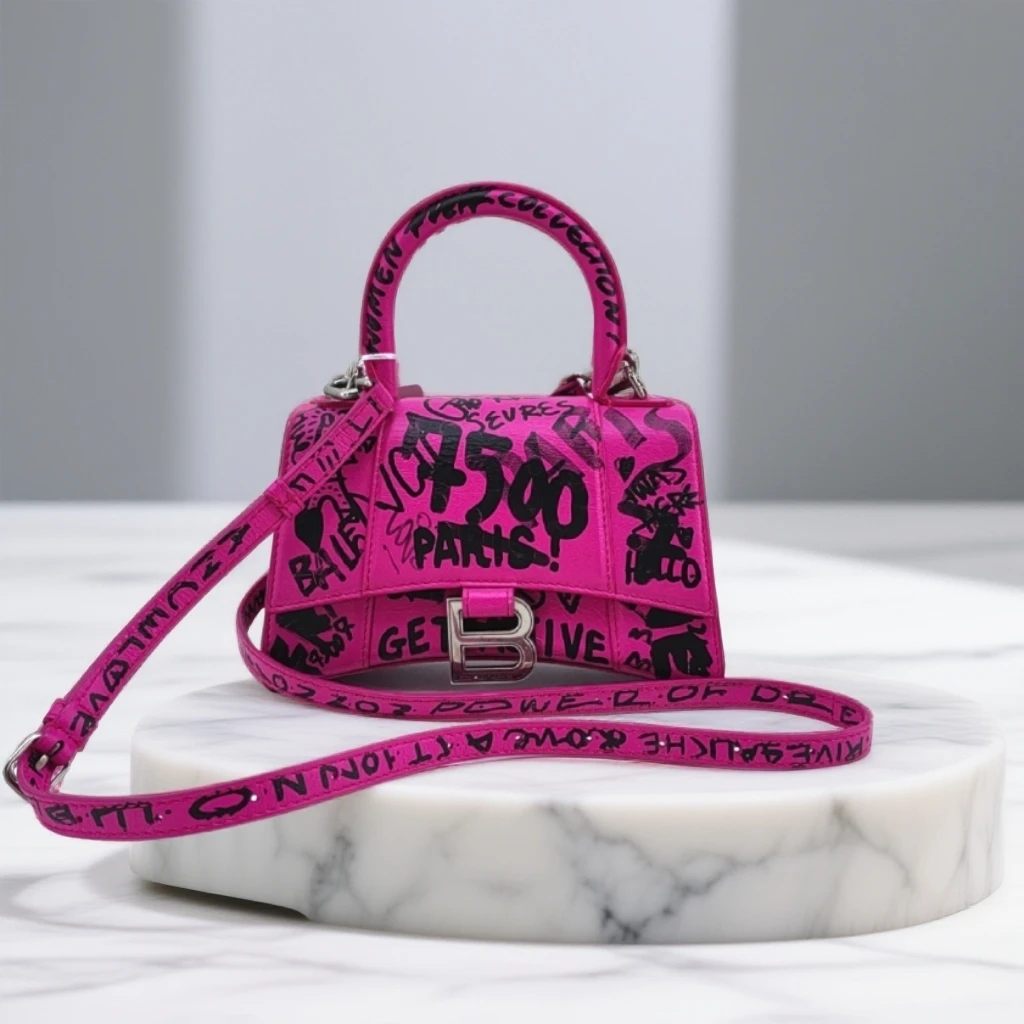 95新 Balenciaga/巴黎世家   玫粉色涂鸦沙漏包 1739 6328