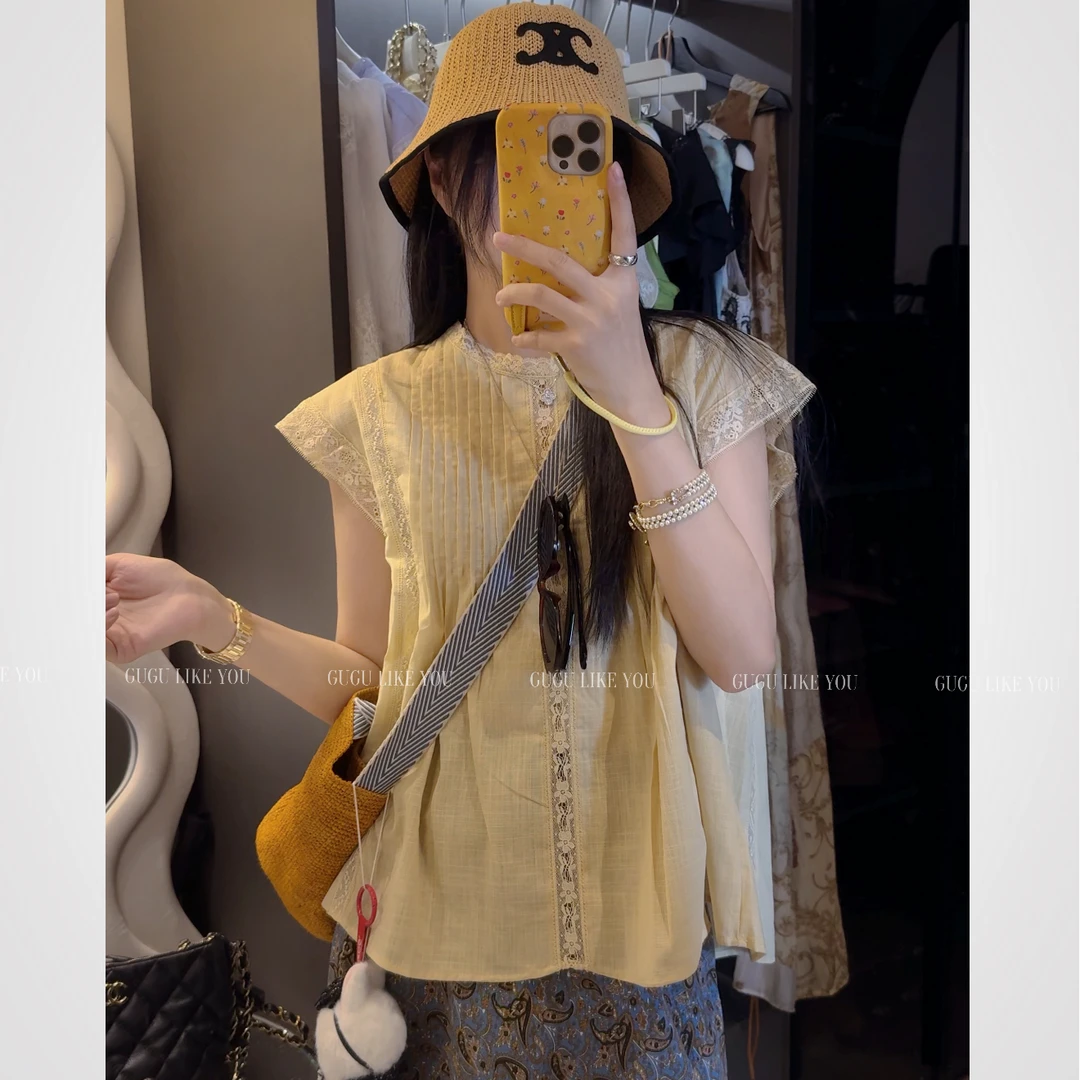 【古古】飞飞袖压褶蕾丝小众甜美高级短袖多色染色花边显瘦麻料上衣