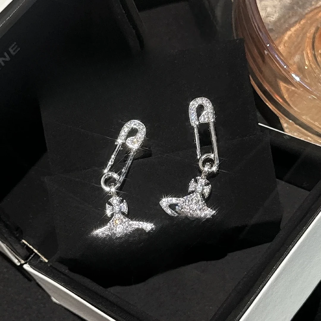 铜合金合成锆石耳饰 土星别针锆石高级感925银针耳饰R0078