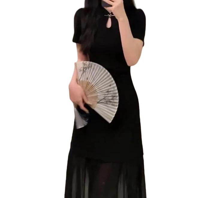 大麦家新中式国风镂空黑色收腰赫本风短袖连衣裙2025长裙裙子女