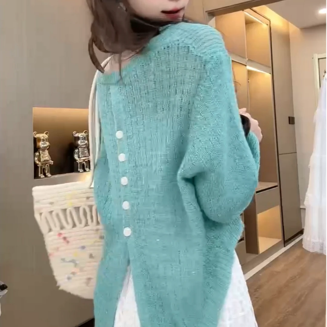 前短后长开叉时尚亮片镂空毛针织衫女2025春夏新款圆领洋气小个子