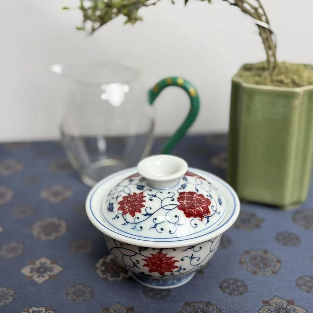 青花釉里红缠枝莲盖碗主人杯纯手工小盖碗