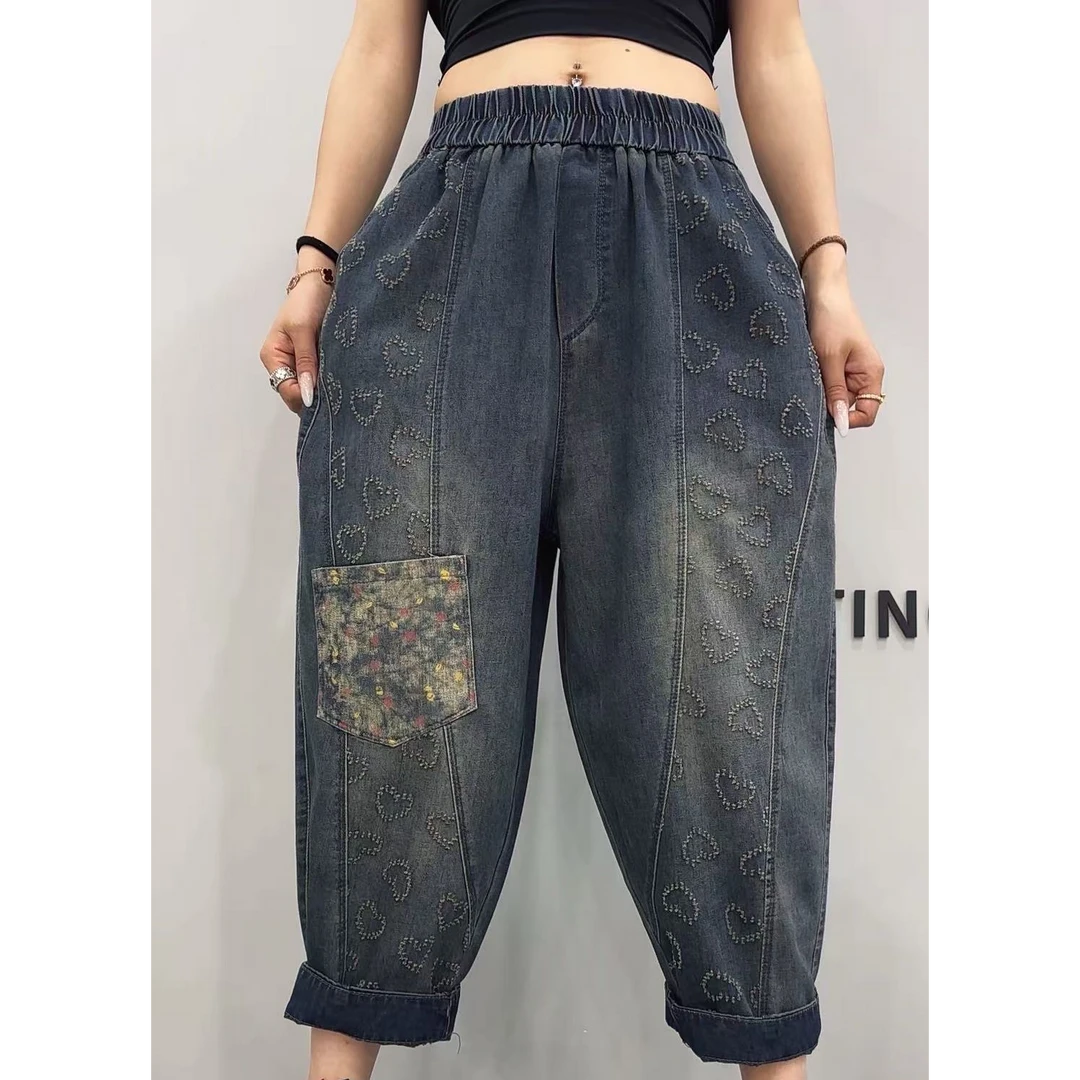 3926民族风重工水洗复古休闲大码宽松休闲裤松紧腰印花做旧牛仔裤