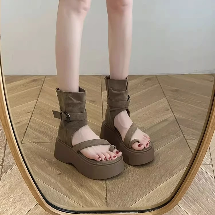 松糕厚底套趾凉鞋女2025新款夏季凉靴西部牛仔堆堆靴夹脚短靴潮鞋