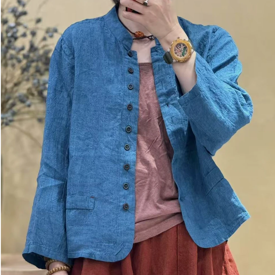 2025缺一色新款时尚宽松文艺色织亚麻两穿多口短上衣衬衫250353