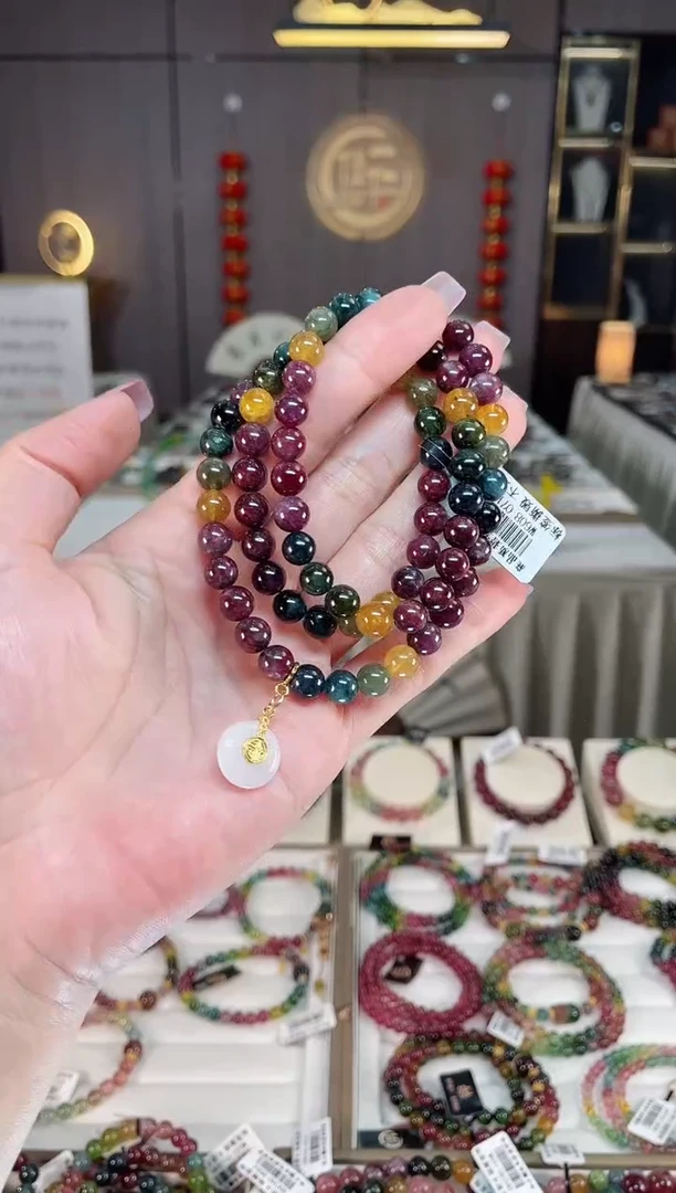 未镶嵌老矿色标彩虹三圈手串7mm+碧玺hon多样性发一条