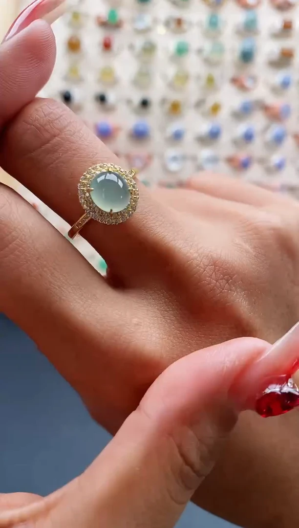 【闪购商品】翡翠戒指银S925镶嵌缅甸天然A货翡翠222 5+10