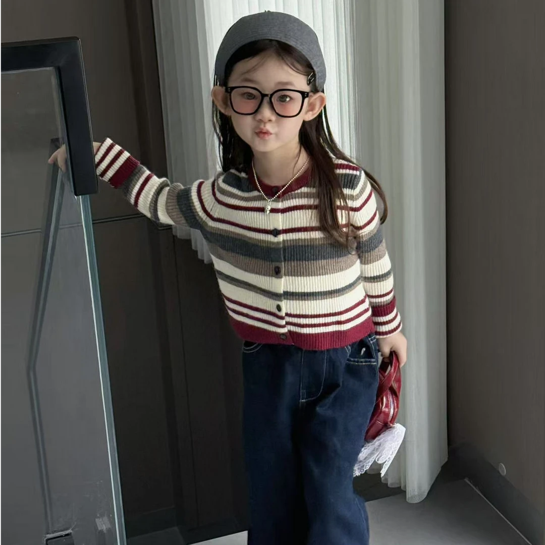 女童条纹毛衣开衫2025秋冬新款韩版宝宝百搭女孩长袖针织女童秋装