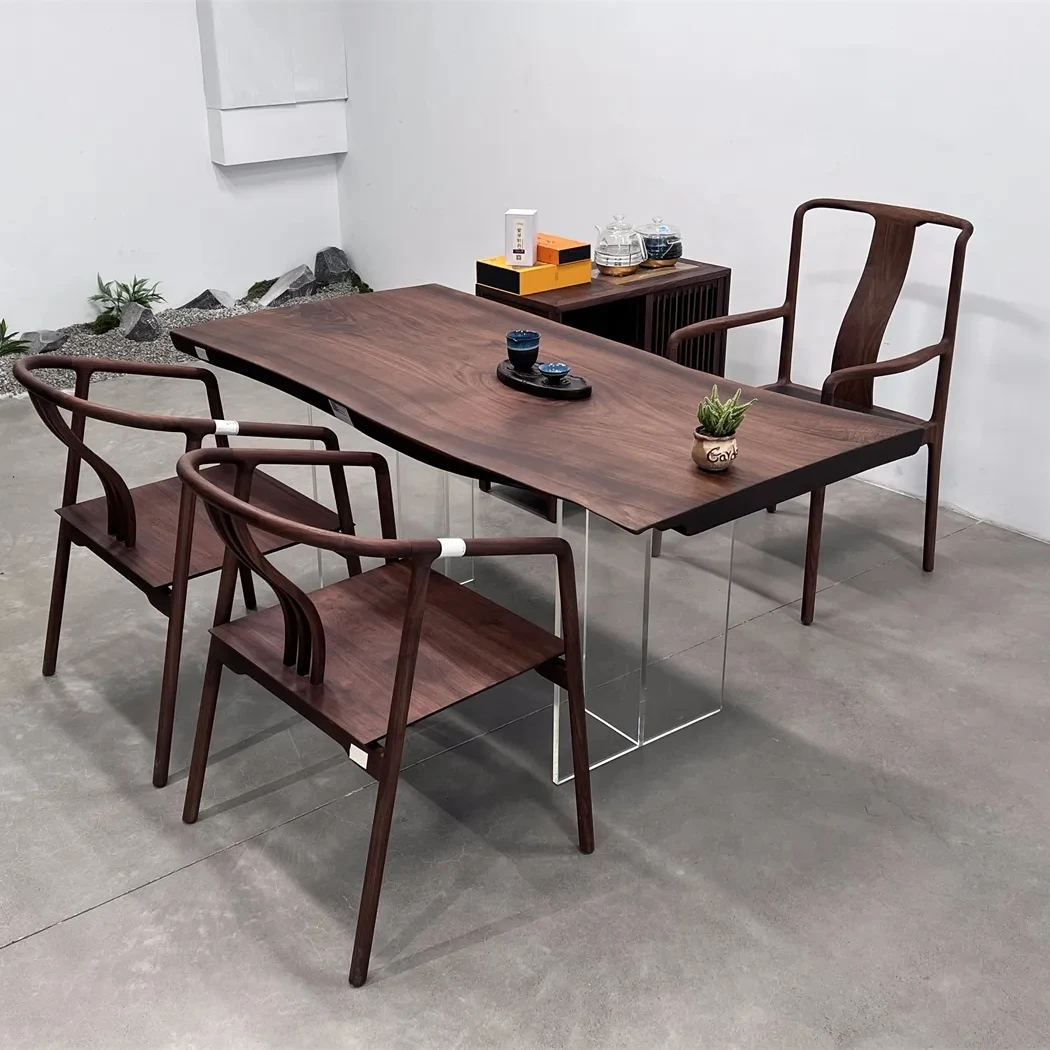 北美黑胡桃实木大板桌餐桌茶桌自然边独板尺寸165*84-80-81*5.5cm