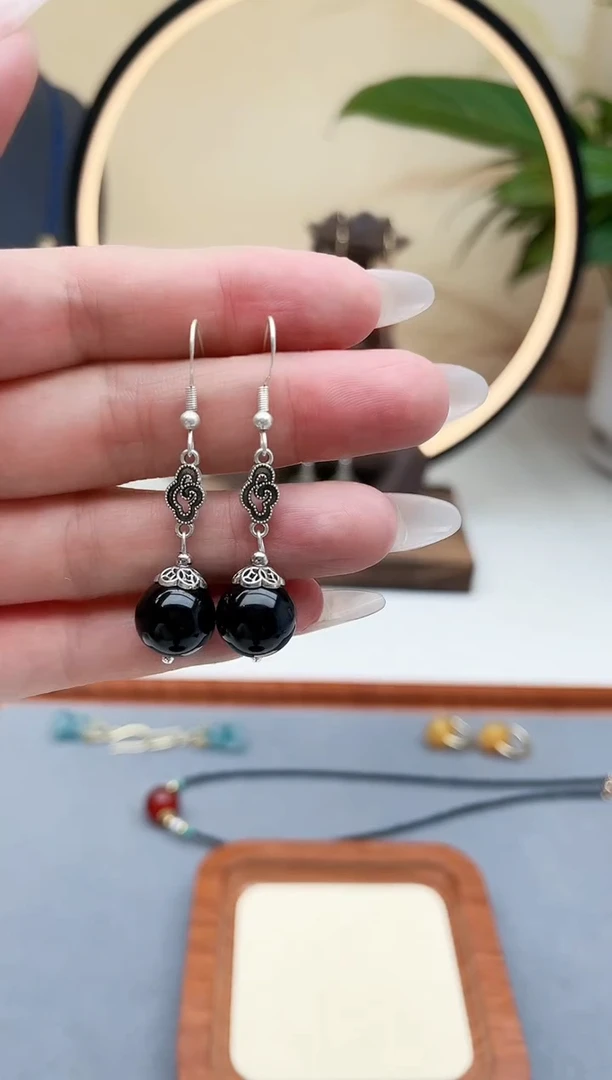 黑曜岩银S925镶嵌耳饰207