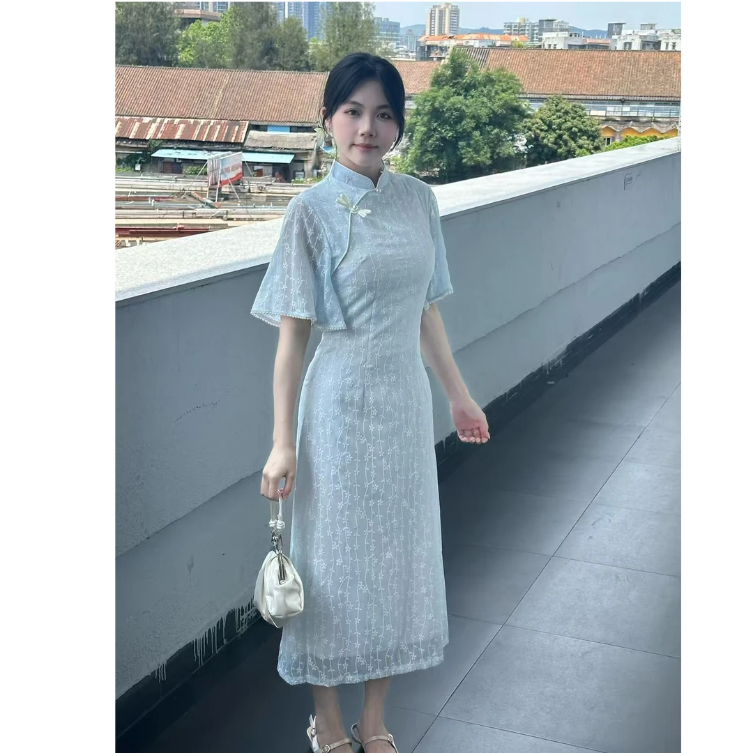 【C85】新中式2025夏小清新蓝色温柔显白改良版旗袍女