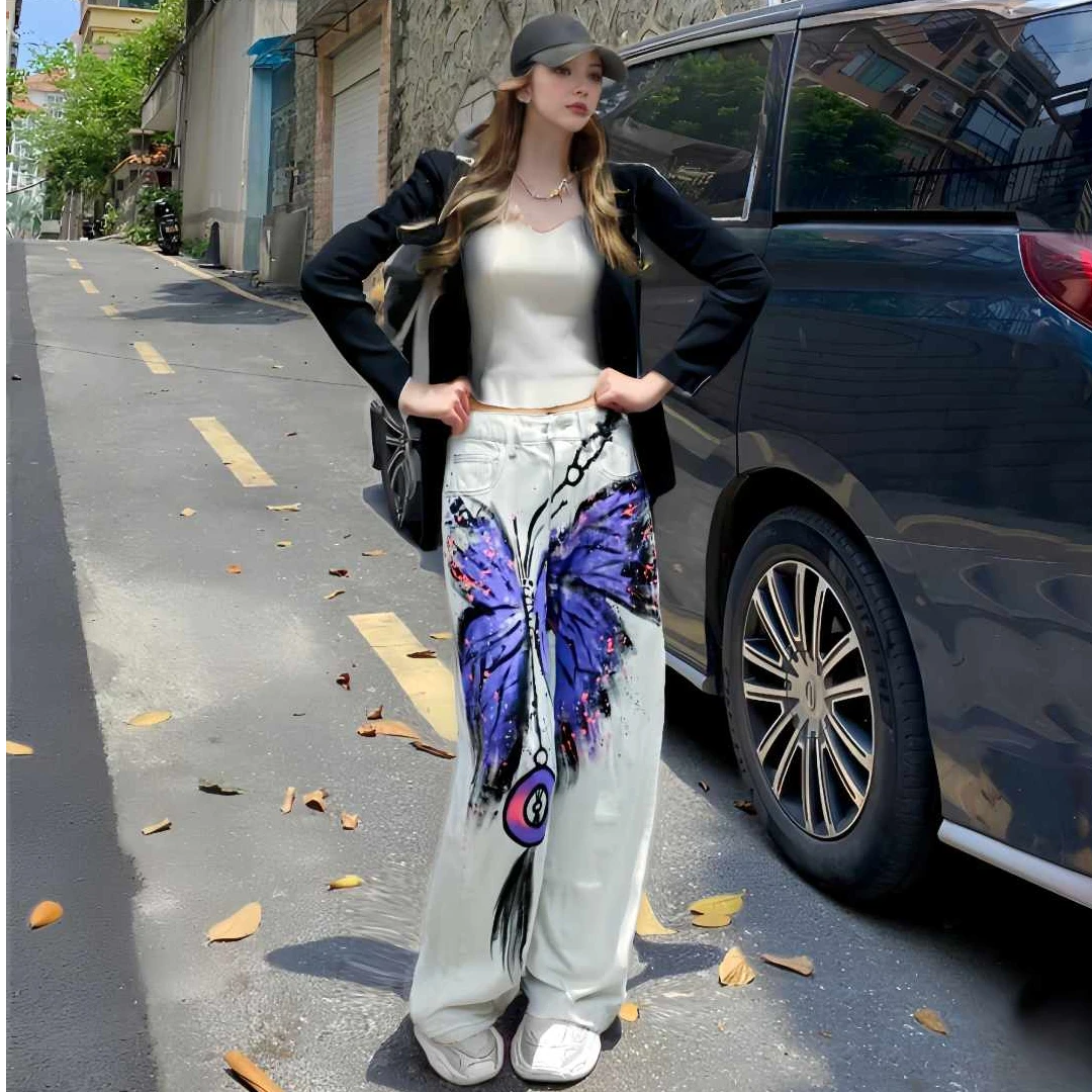 高级感男女装同款蝴蝶牛仔裤子春夏款加长欧美风直筒阔腿牛仔长裤