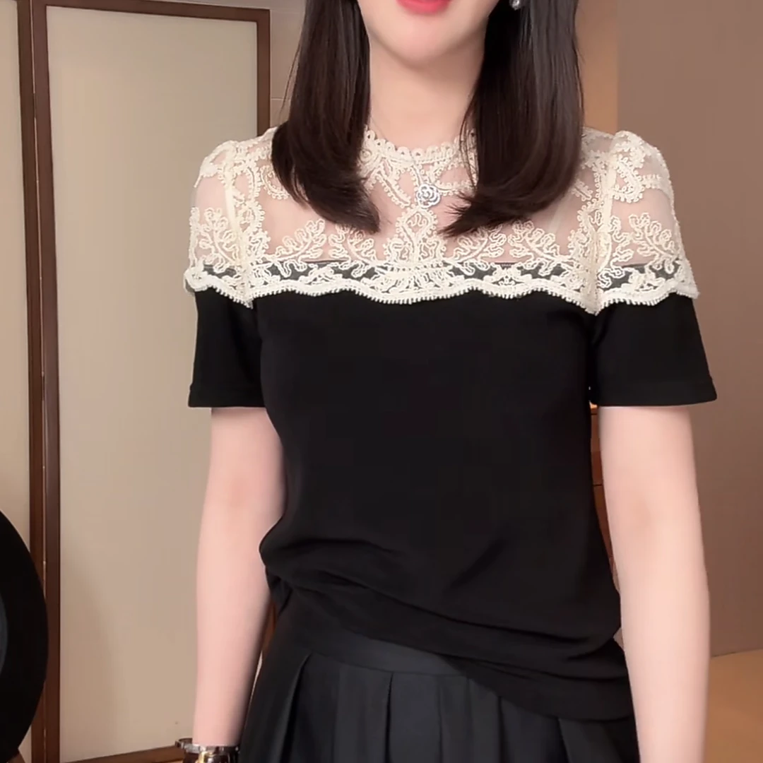 法式新款圆领拼接蕾丝修身显瘦百搭短袖T恤夏季2025设计感上衣女