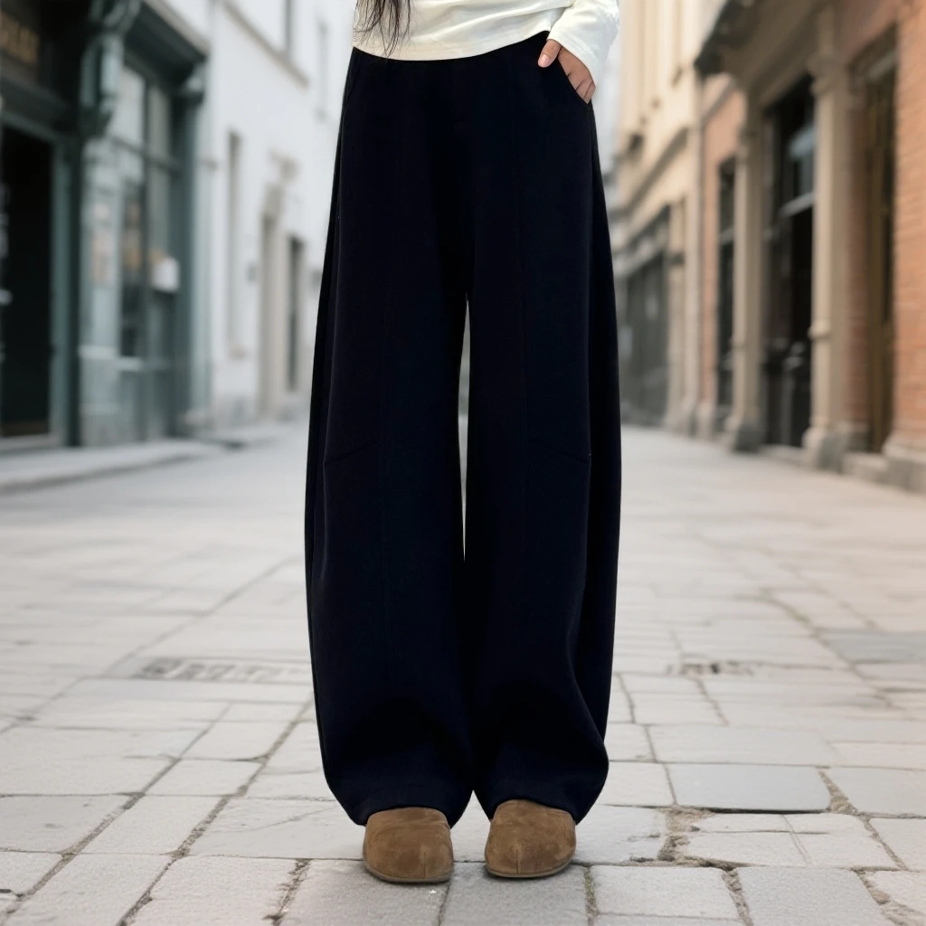 宿慕SUMU加绒弯刀裤女裤2025新款秋冬显瘦休闲阔腿裤长裤子25356