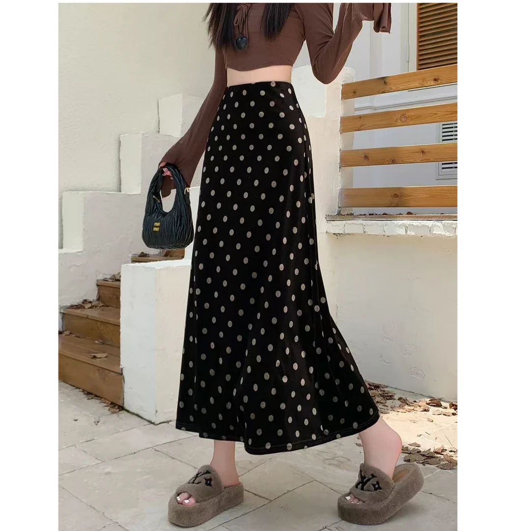 【二个裙长】韩系慵懒休闲风时尚波点通勤半身裙2025秋季新款高腰裙