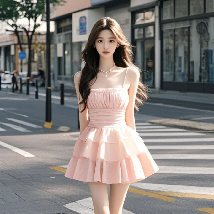 【KEKE】时尚纯欲风粉色吊带连衣裙女夏季温柔甜美减龄蓬蓬蛋糕裙子