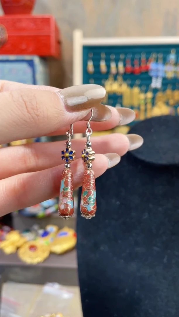 【闪购商品】非遗景泰蓝耳环水滴砖红色