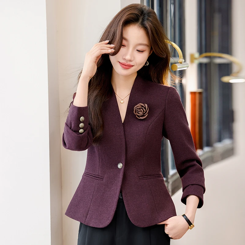 2025春秋新款喜气紫色无领西装短外套小个子高级百搭气质修身西服