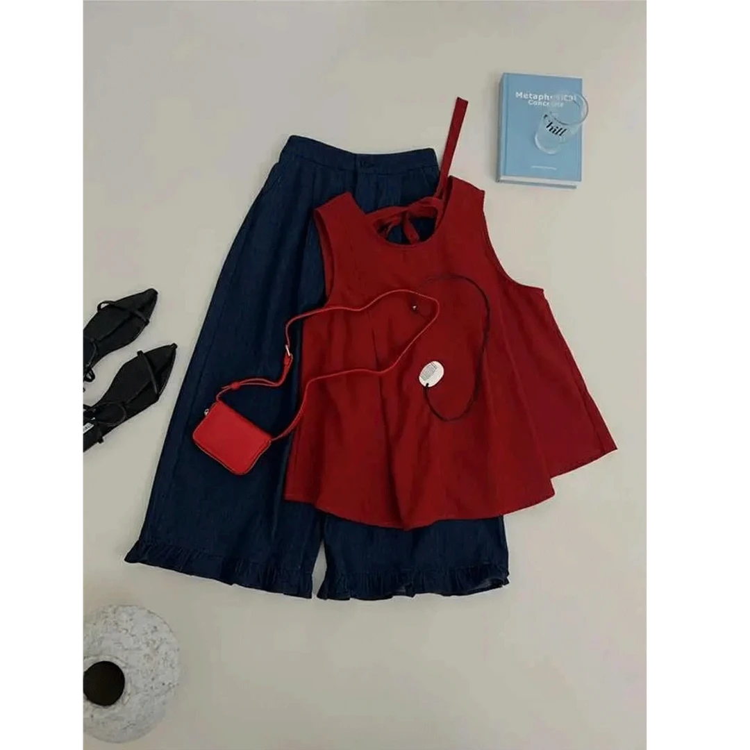 红色无袖露背背心格子女夏季减龄俏皮甜美漂亮通勤时尚百搭韩版