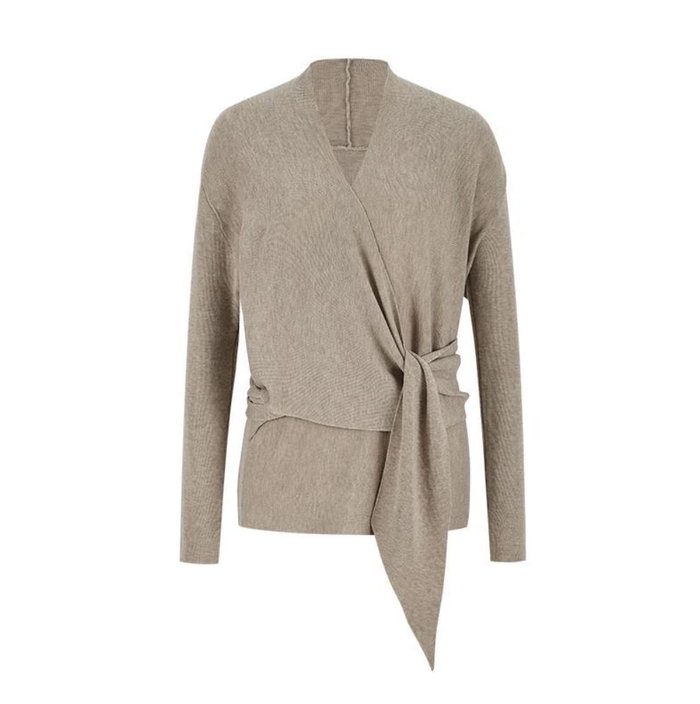 2025新款秋季慵懒风v领设计交叉绑带收腰针织衫上衣休闲