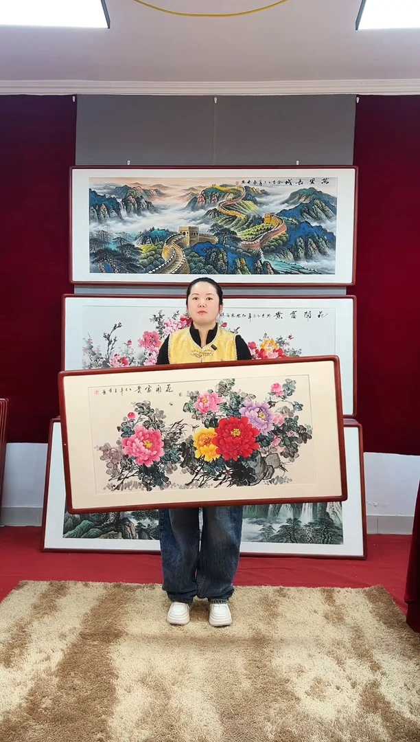 国画手绘牡丹123*63尺寸